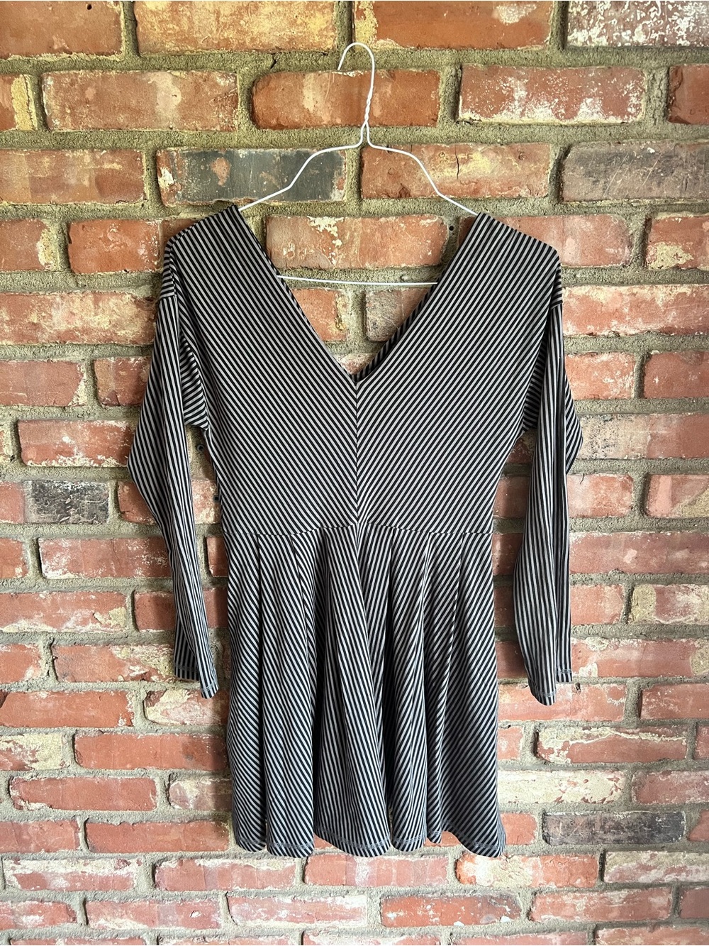 Betsey Johnson Black and Gray Striped Long Sleeve Fit-and-Flare Dress